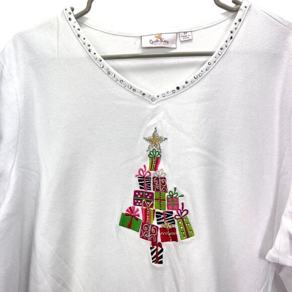 Quacker Factory White Embroidered Rhinestone Christmas Tree Knit Top Size 2X - Picture 3 of 11